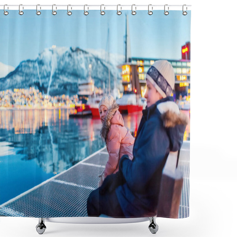 Personality  Kids Brother And Sister Outdoors On Winter Day Enjoying Views Of Tromso Norway Shower Curtains