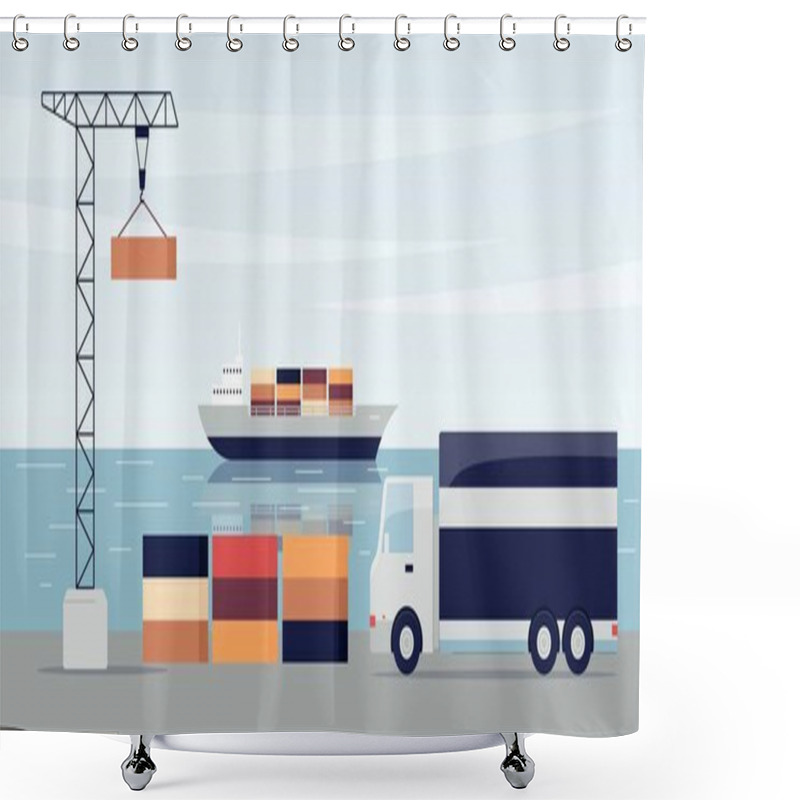 Personality  Ship Port With Cargo Containers And Loading Dock Crane And Truck Shower Curtains