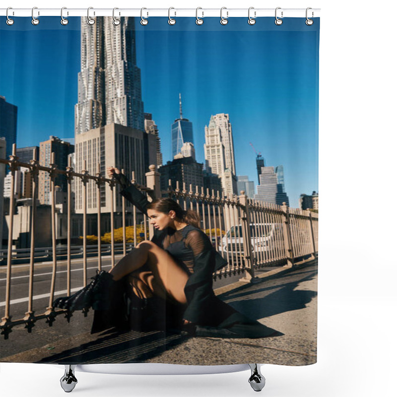 Personality  Woman Sits On NY Sidewalk, Lost In Thought Amidst Skyscrapers. Shower Curtains