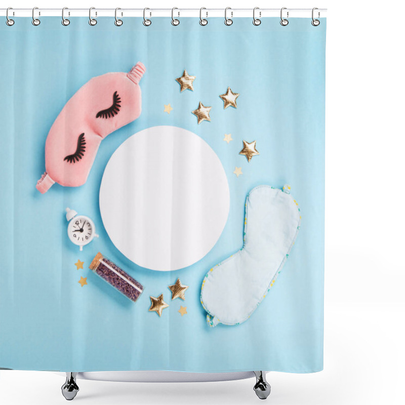 Personality  World Sleep Day Observed On March. Quality Of Sleep, Good Night, Insomnia, Relaxation Concept. Sleeping Masks, Golden Stars And White Alarm Clock On Blue Background. Flat Lay, Top View Shower Curtains