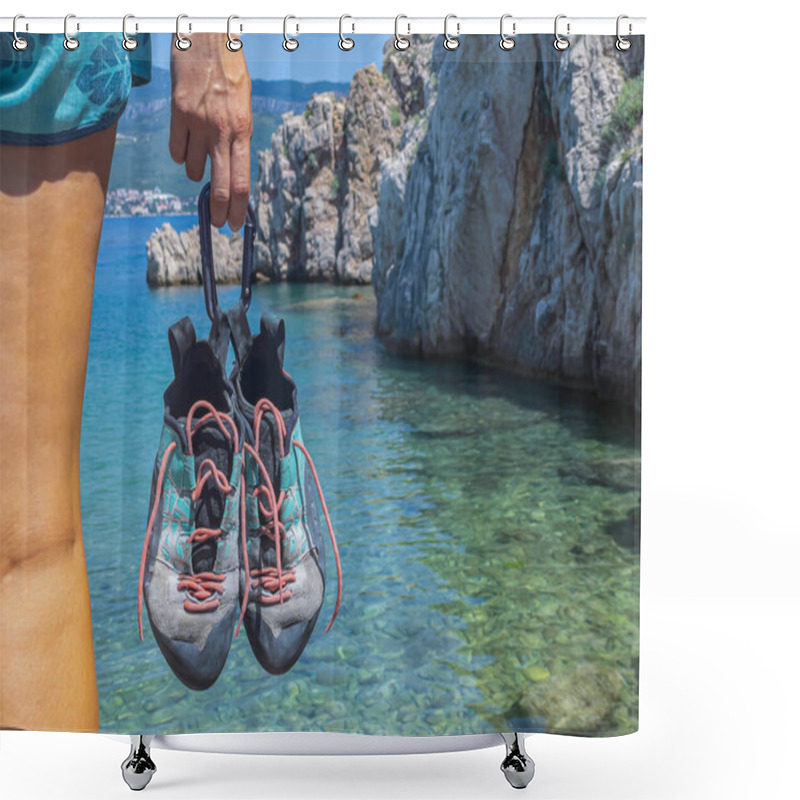 Personality  CLOSE UP: Held Climbing Shoes With Climbing Boulder Above Seawater In Background. Young Woman Holding Sports Shoes Tied With A Carabiner Before Going Deep Water Solo Climbing At The Beautiful Seaside. Shower Curtains