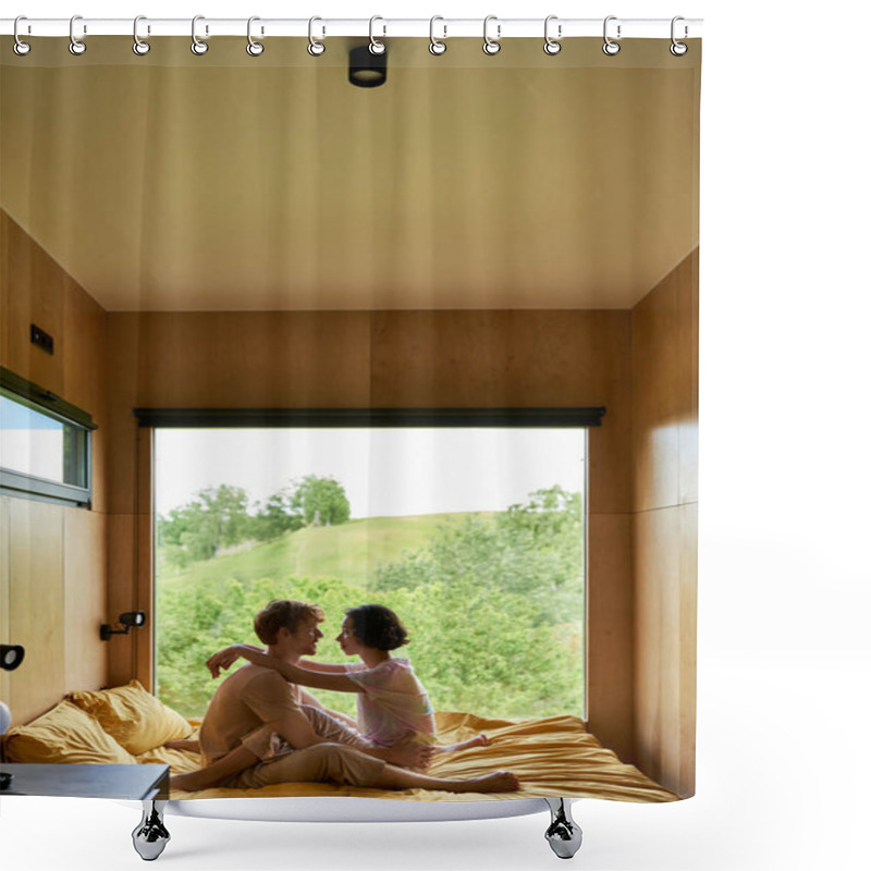 Personality  Romantic Getaway, Multicultural Couple Looking At Each Other While Sitting On Bed In Country House Shower Curtains