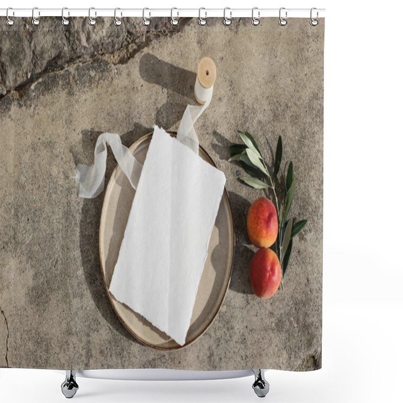 Personality  Summer Wedding Stationery. Blank Greeting Card Mockup On Ceramic Plate In Sunlight. Silk Ribbon, Peach Fruit And Olive Branch On Concrete Background. Feminine Flat Lay, Top View, No People. Shower Curtains