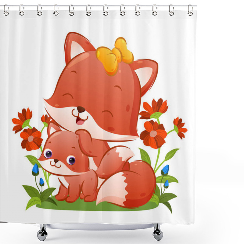 Personality  The Big Fox With The Beautiful Ribbon Is Posing With Her Baby Fox In The Garden Of Illustration Shower Curtains