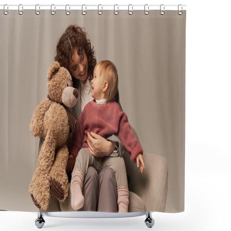 Personality  Quality Family Time, Parenting And Career, Happy Businesswoman Holding Teddy Bear Near Toddler Daughter On Grey Background, Sitting On Armchair, Work Life Harmony Concept, Working Parent  Shower Curtains