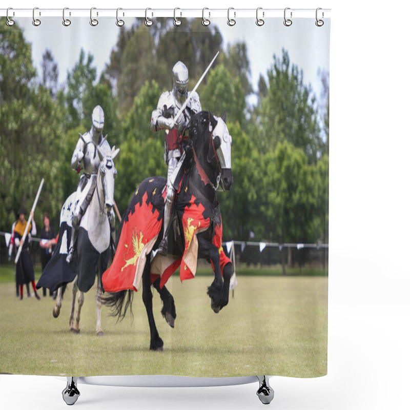 Personality  Two Knights Compete During Re-enactment Of Medieval Jousting Tournament Shower Curtains