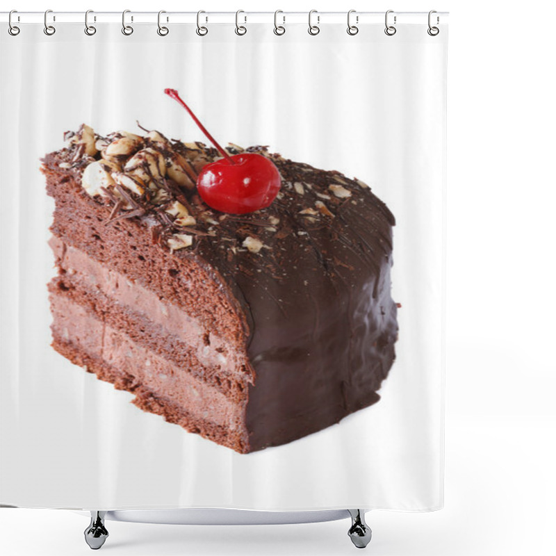 Personality  Piece Chocolate Cake With Cherry Closeup Isolated On White Shower Curtains