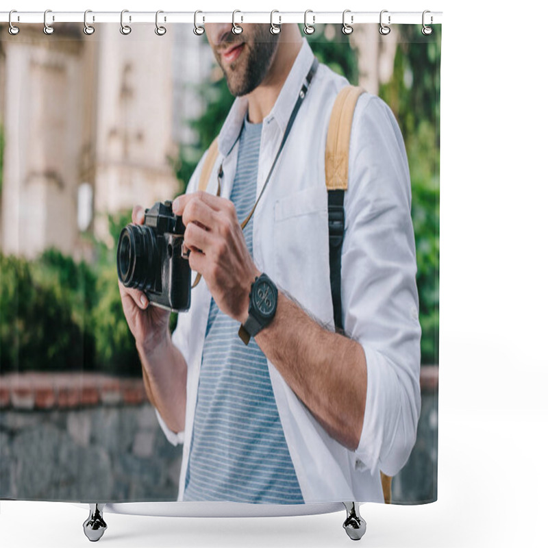 Personality  Cropped View Of Bearded Man Holding Digital Camera  Shower Curtains