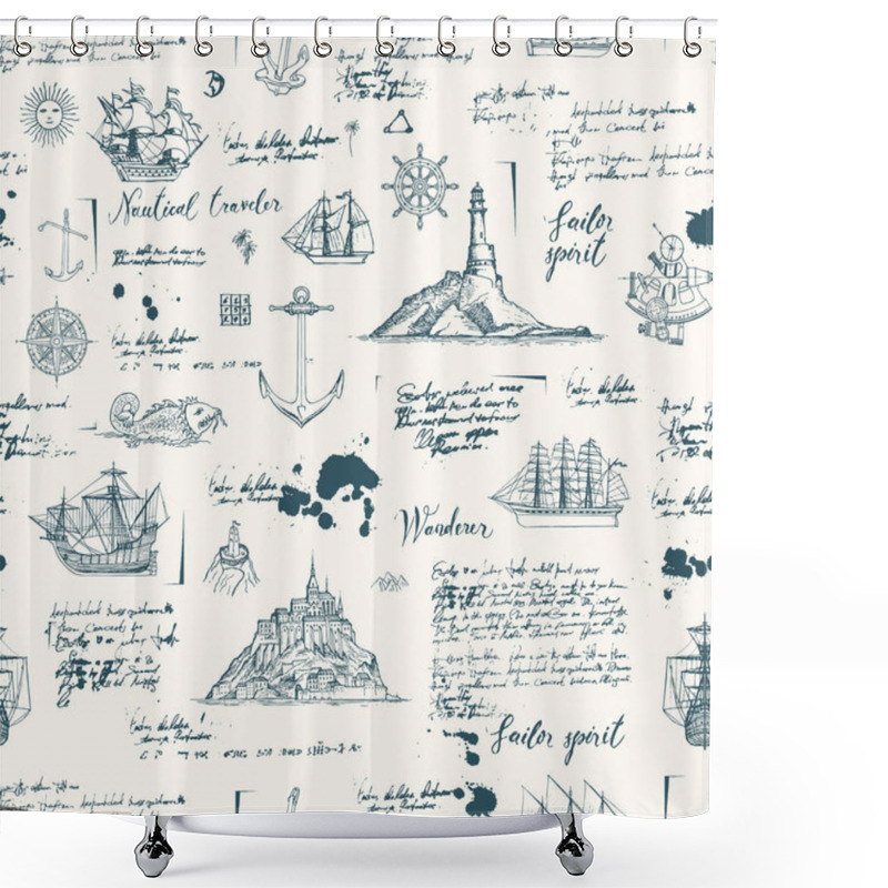 Personality  Vector Abstract Seamless Background On The Theme Of Travel, Adventure And Discovery. Old Manuscript With Islands, Sailboats, Wind Rose And Nautical Symbols With Blots And Stains In Vintage Style Shower Curtains