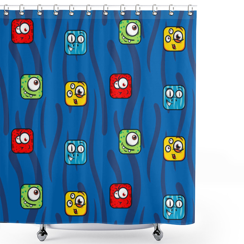 Personality  Square Cartoon Monsters Pattern. Funny Monsters Face Background. Shower Curtains