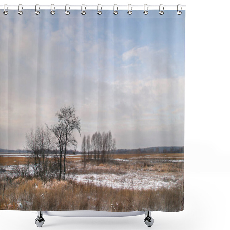 Personality  Landscape Meadow Near The Forest Covered With The First Snow In Early Winter Shower Curtains