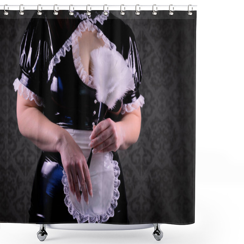 Personality  Close-up Of A Person In A Classic French Maid Costume, Featuring A Shiny Black Latex Dress, Lace Details, And A Feather Duster, Set Against A Vintage-patterned Wallpaper Background. Perfect For Cosplay Or Design Themes. Shower Curtains