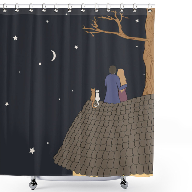 Personality  Hand Drawn Vector Illustration Of Loving Couple Sitting On Roof, Looking At Moon Under Stars In Night Sky With Text Place. Good For Memory Or Valentine Card Design Shower Curtains