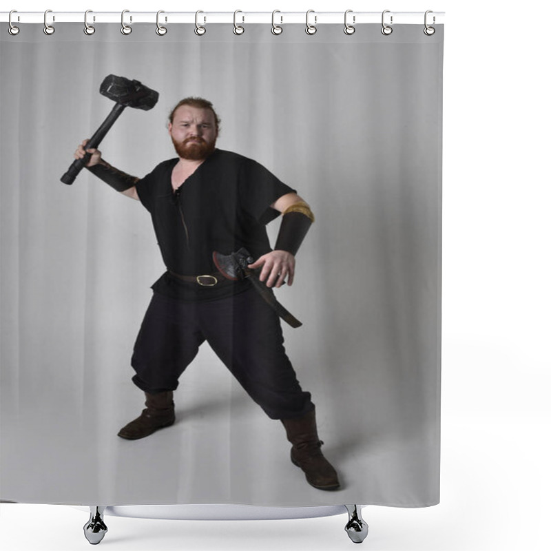 Personality   Portrait Of Red Haired Man Wearing Medieval Viking Inspired Fantasy Costume. Standing Pose With Gestural Poses Holding A Hammer As Weapon, Isolated  Against Studio Background. Shower Curtains