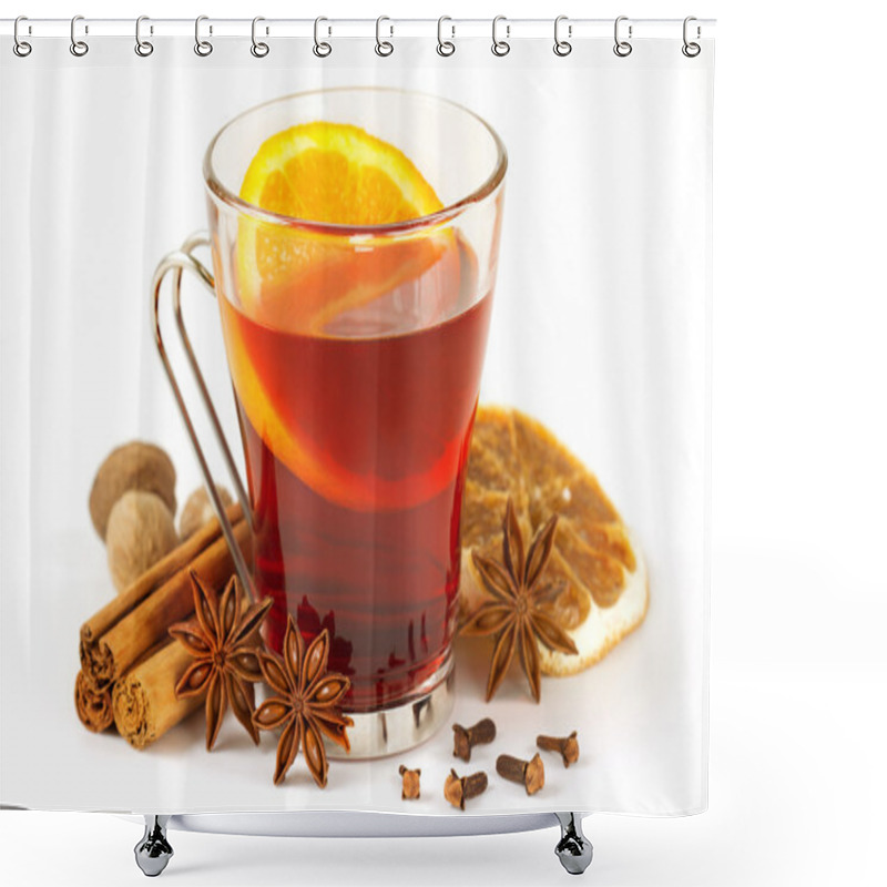 Personality  Glass Of Mulled Wine And Spices On White Background Shower Curtains