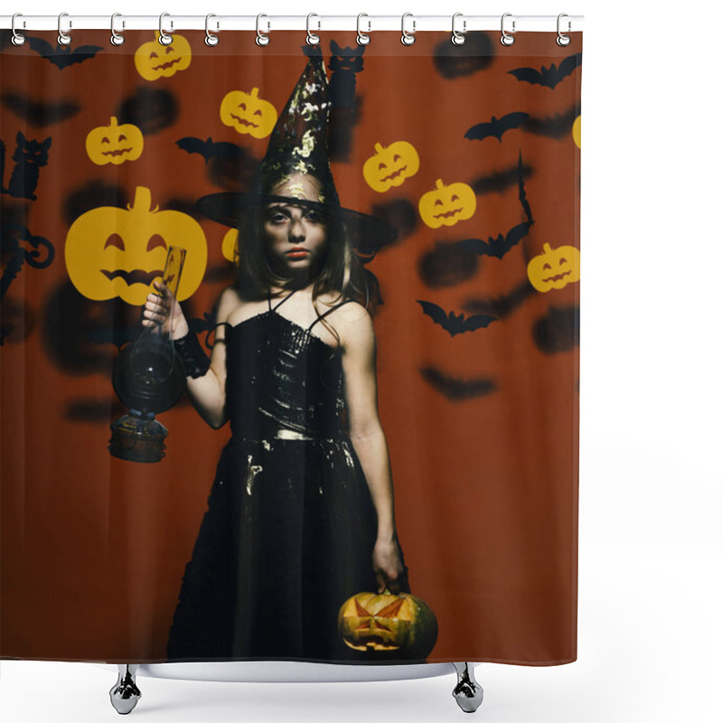 Personality  Halloween Party And Decorations Concept. Kid In Spooky Witches Costume Shower Curtains