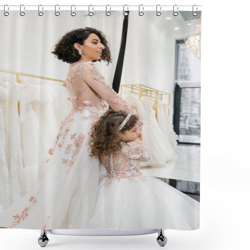 Personality  Cute Middle Eastern Kid In Floral Attire Holding Hands With Happy Woman And Walking In Floral Dresses Near Blurred Wedding Gown Inside Of Bridal Salon, Shopping, Bride-to-be, Mother And Daughter  Shower Curtains