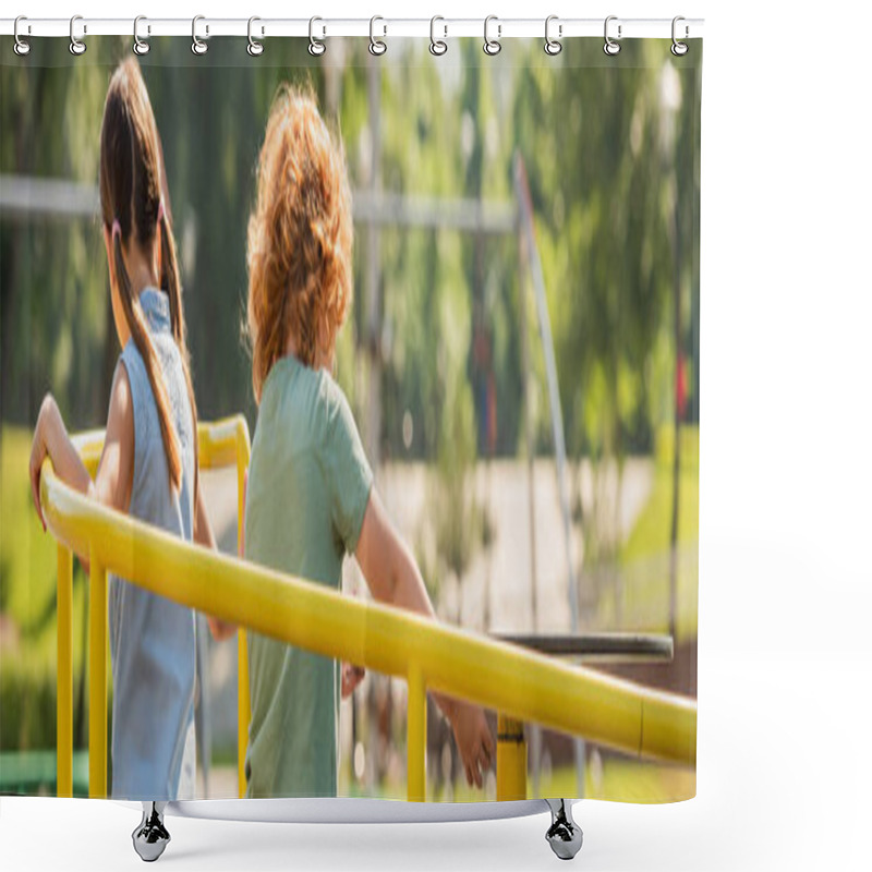 Personality  Back View Of Brother And Sister Spending Time On Playground, Banner Shower Curtains