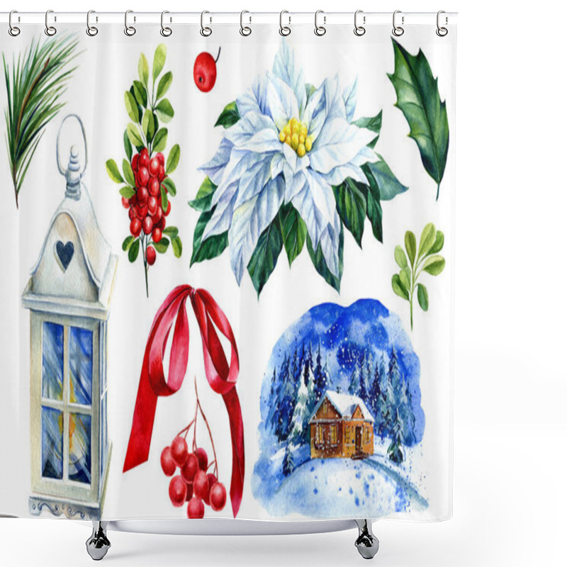 Personality  Festive Set Of Red Bow, Flashlight, Wight Poinsettia Flowers, Mountain Ash Berry, Pine Branch Watercolor Illustration Shower Curtains