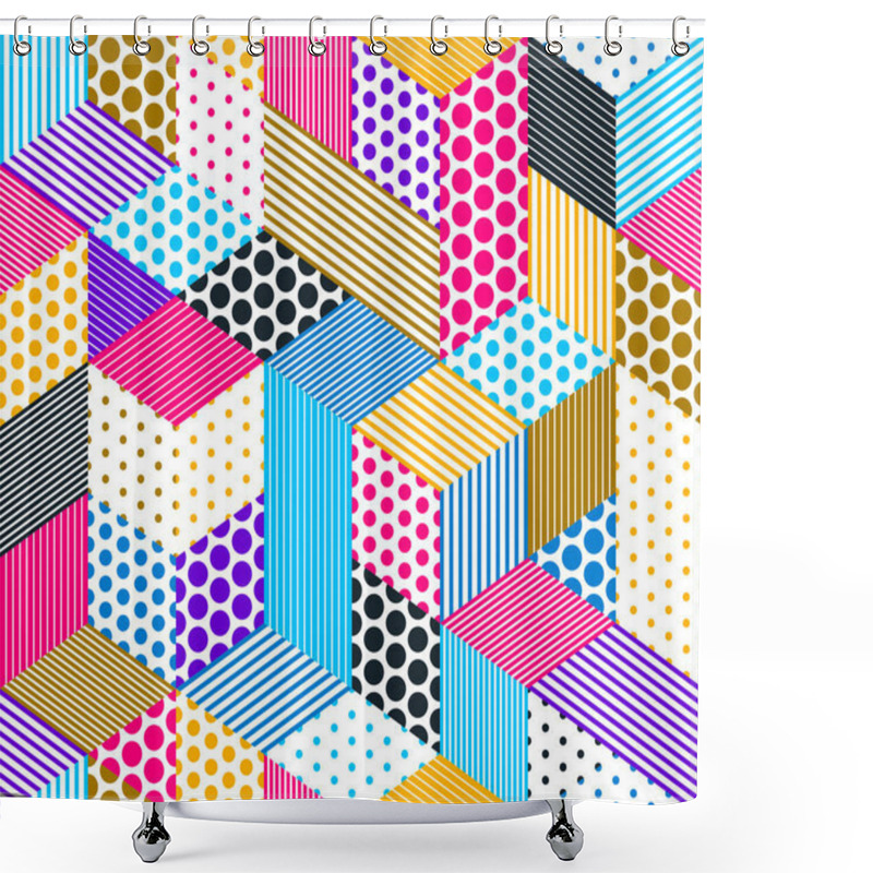 Personality  Dotted Geometric 3D Seamless Pattern With Cubes, Dotty And Lined Boxes Blocks Vector Background, Architecture And Construction, Wallpaper Design. Shower Curtains