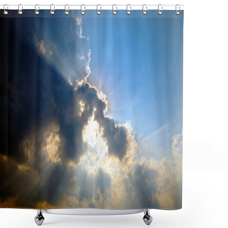 Personality  Sunbeams From The Afternoon Sun Shining Through Storm Clouds With Blue Skies Behind. Shower Curtains