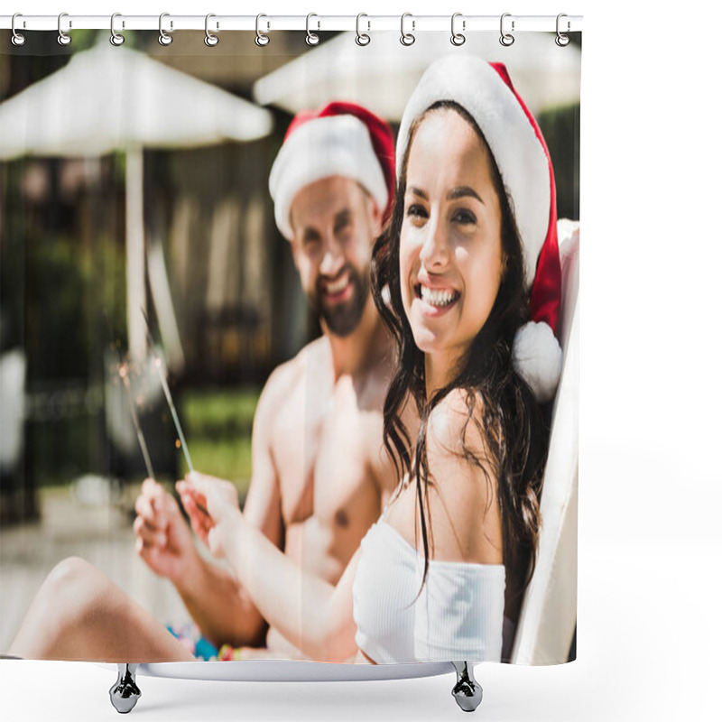 Personality  Selective Focus Of Happy Woman In Santa Claus Hat And Man Holding Sparklers  Shower Curtains