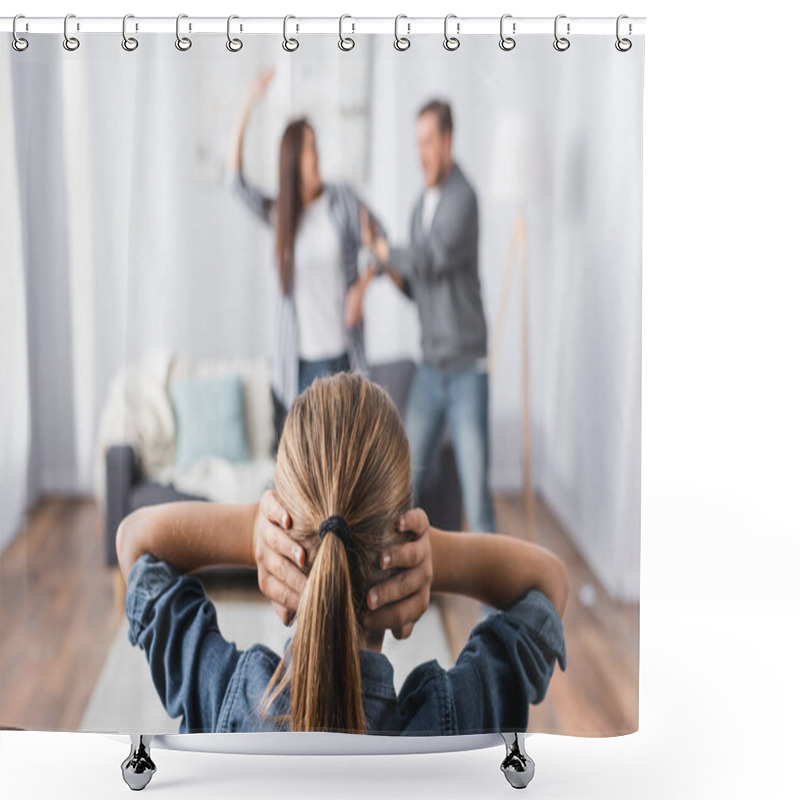 Personality  Child Covering Ears With Hands While Parents Quarrelling And Fighting On Blurred Background  Shower Curtains