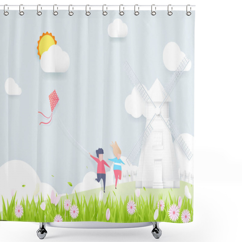 Personality  Spring Season Concept. Boy And Girl Playing Kite With Windmills Shower Curtains