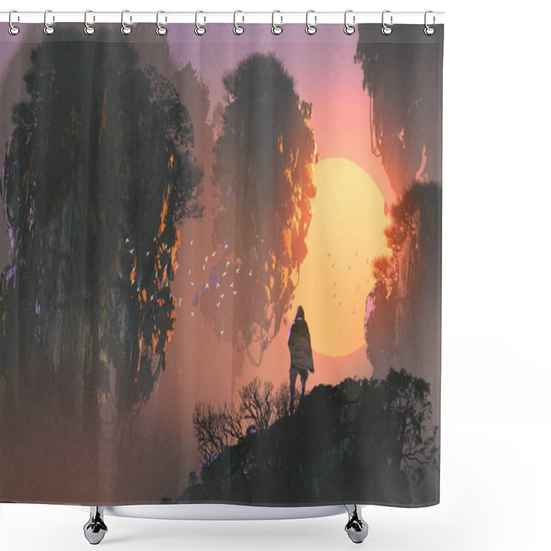 Personality  Man Standing On Rock Of Mountain Looking At Floating Islands Shower Curtains