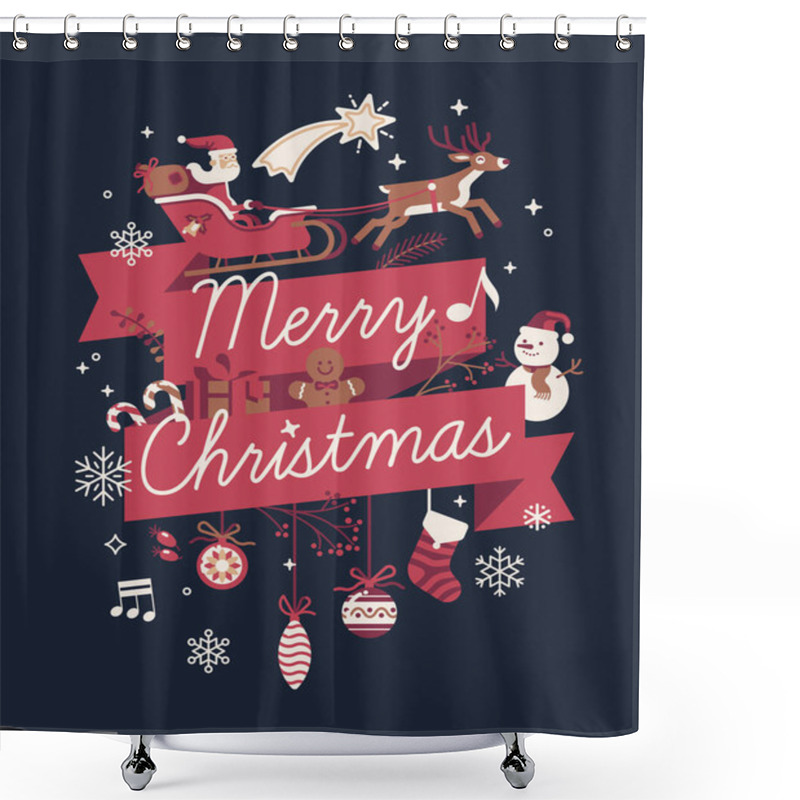 Personality  Lovely Vector 'Merry Christmas' Decorative Composition With Handwritten Greeting, Santa Claus On Sleigh, Snowman, Gingerbread Man, Candies, Gift Box And Other Traditional Winter Holiday Ornaments Shower Curtains