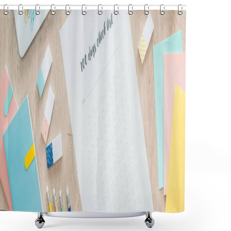 Personality  Panoramic View Of 100 Days Challenge List And Stationery On Wooden Table Shower Curtains