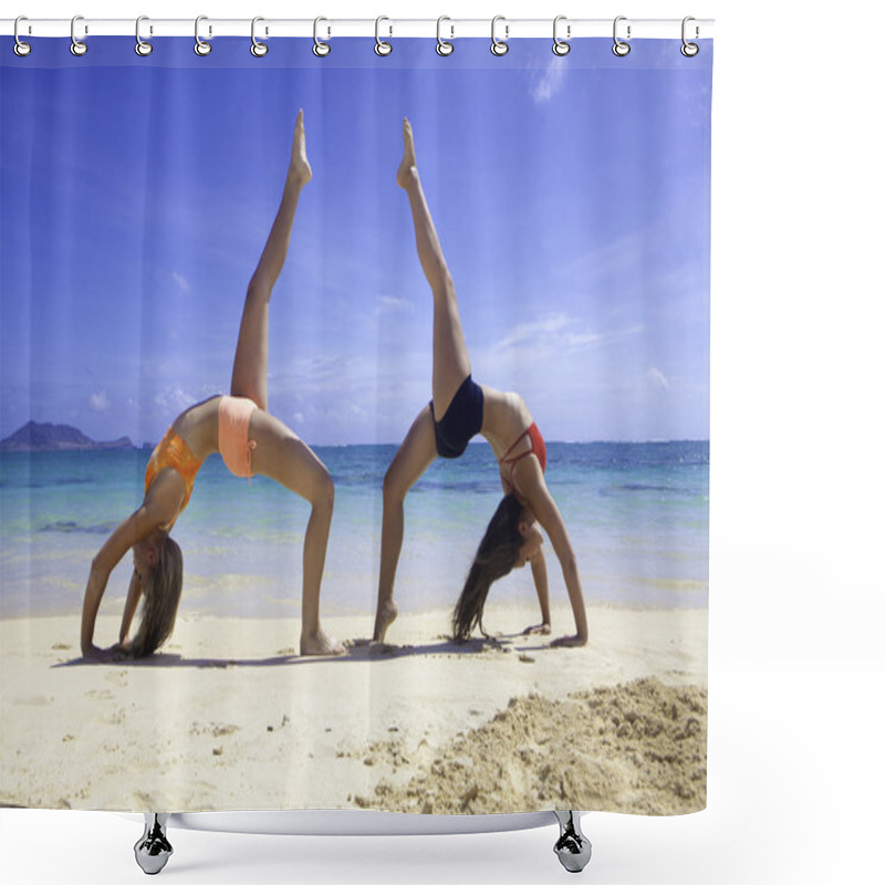 Personality  Two Girls Doing Yoga On The Beach Shower Curtains