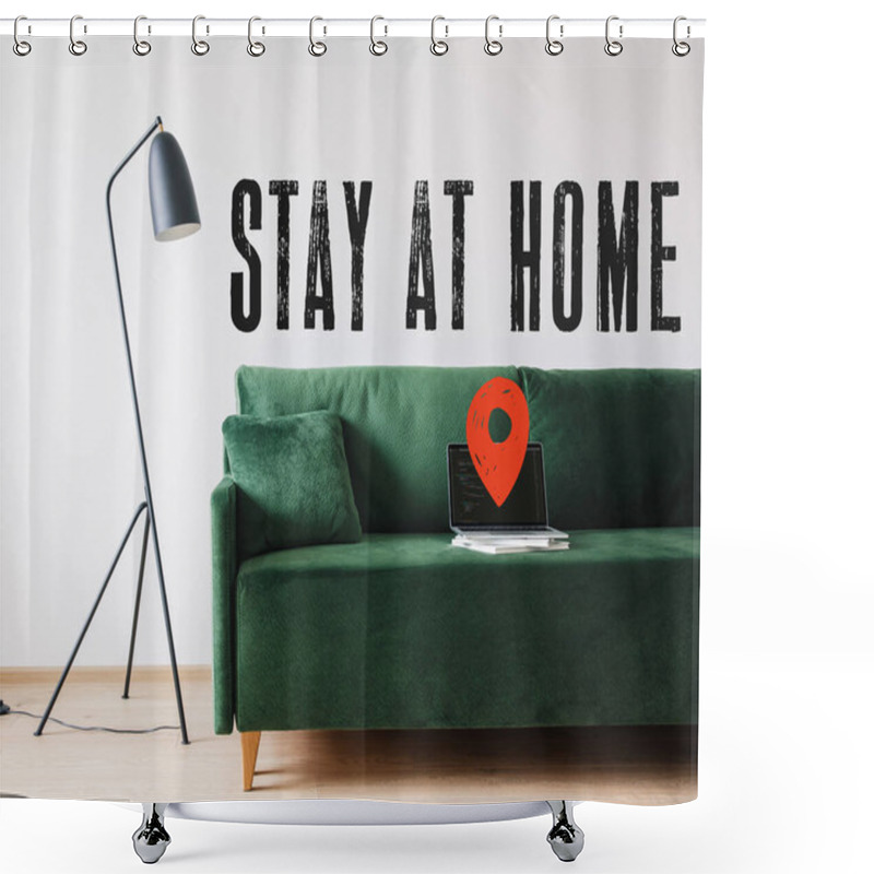 Personality  KYIV, UKRAINE - APRIL 14, 2020: Green Sofa And Laptop With Javascript On Screen Near Floor Lamp And Stay At Home Lettering  Shower Curtains