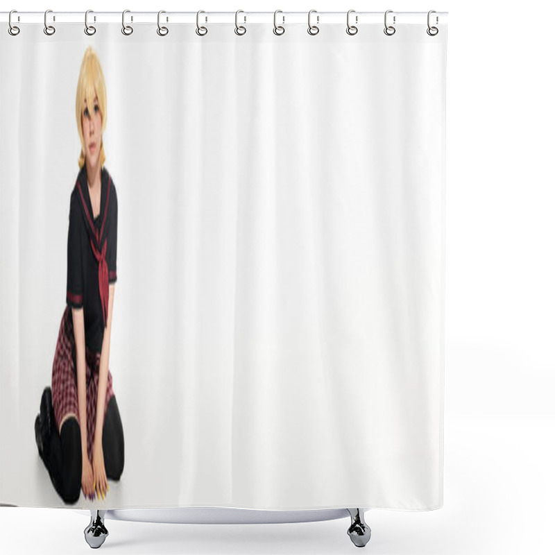 Personality  Artistic Anime Woman In School Uniform And Blonde Wig Sitting And Looking At Camera On White, Banner Shower Curtains