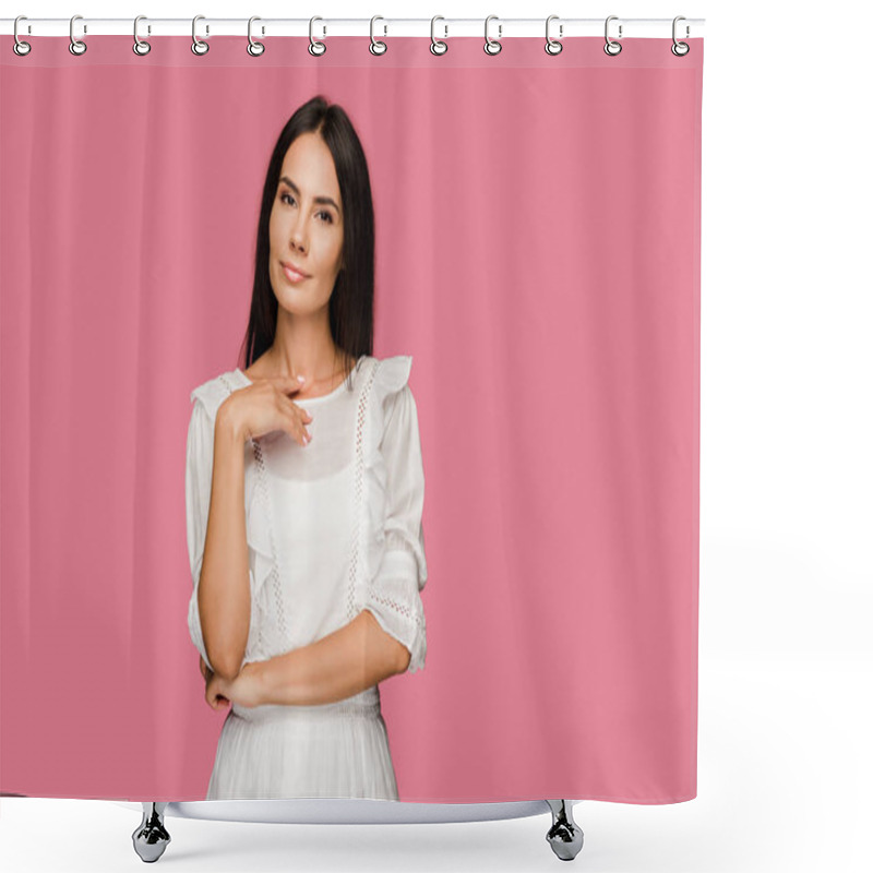 Personality  Attractive Woman In Dress Standing And Looking At Camera Isolated On Pink  Shower Curtains