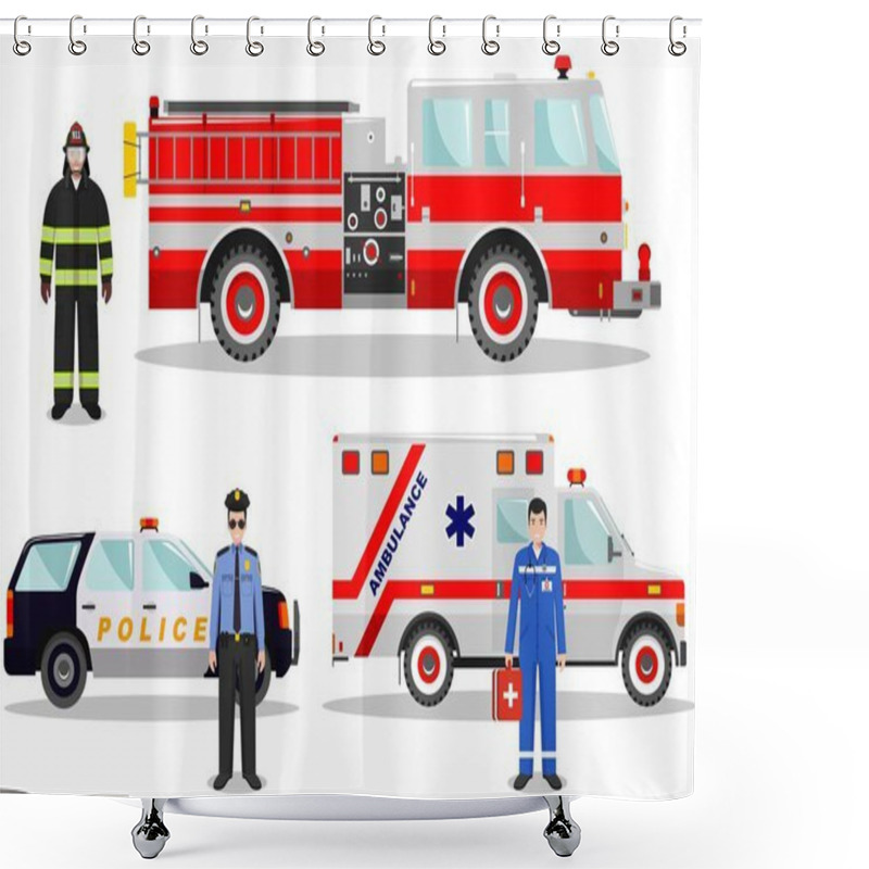 Personality  Emergency Concept. Detailed Illustration Of Firefighter, Doctor, Policeman With Fire Truck, Ambulance And Police Car In Flat Style On White Background. Vector Illustration. Shower Curtains