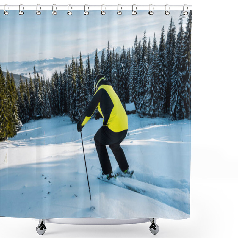 Personality  Back View Of Skier In Helmet Skiing On Snow Near Firs Shower Curtains