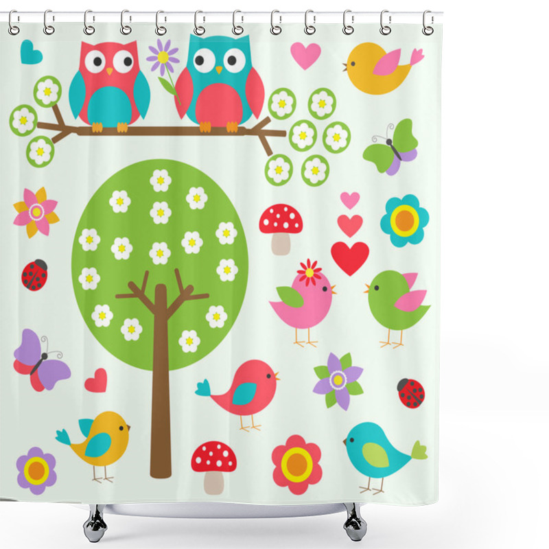 Personality  Birds And Owls In Spring Forest Shower Curtains