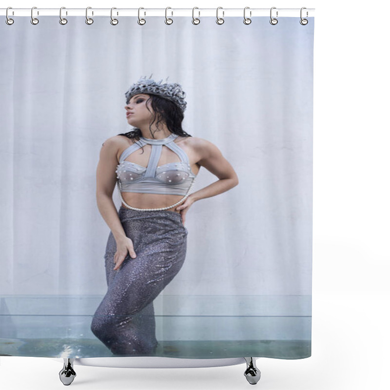 Personality  A Young Woman, Adorned In A Silver Crown And A Shimmering Tail, Stands In A Pool Of Water, Her Gaze Fixed On The Horizon. Shower Curtains