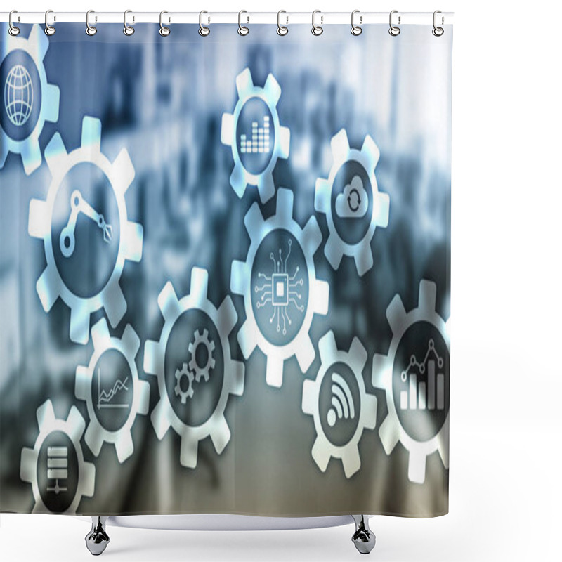 Personality  Automation Technology And Smart Industry Concept On Blurred Abstract Background. Gears And Icons. Shower Curtains