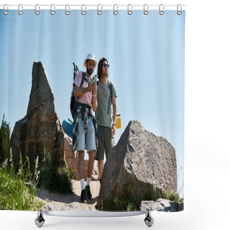 Personality  Two Young Men, A Gay Couple, Hike Together Through A Rocky Wilderness Area On A Sunny Summer Day. Shower Curtains