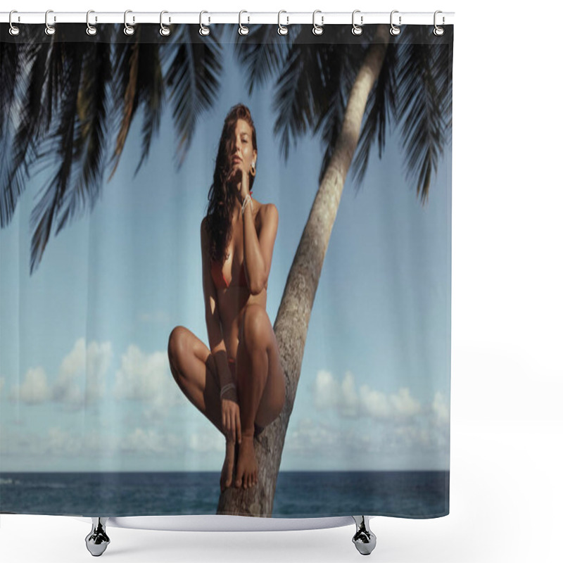 Personality  Elegant Woman In A Red Bikini Sitting On A Leaning Palm Tree With A Serene Tropical Ocean And Blue Sky In The Background. Perfect For Summer, Travel, And Exotic Lifestyle Themes.  Shower Curtains