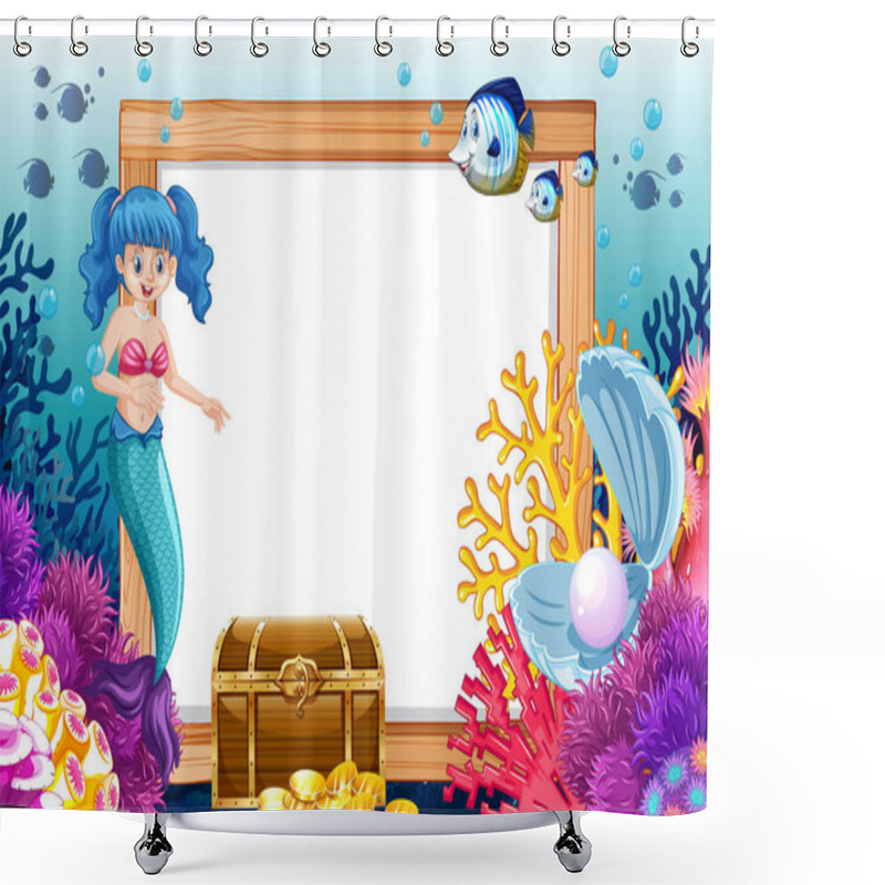 Personality  Mermaid And Sea Animal Theme With Blank Banner Cartoon Style On Under Sea Background Illustration Shower Curtains