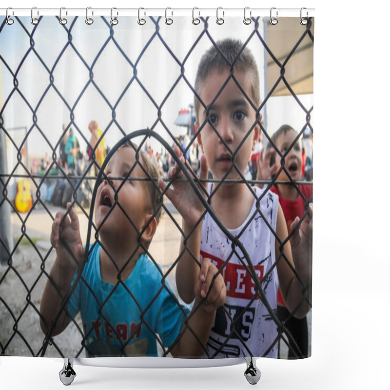 Personality  Refugee Children Disembark In The Port Of Thessaloniki After Bei Shower Curtains