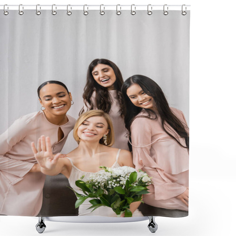 Personality  Wedding Photography, Cultural Diversity, Four Women, Bride With Her Multicultural Bridesmaids Looking At Engagement Ring, Brunette And Blonde, Positivity And Joy, Celebration  Shower Curtains