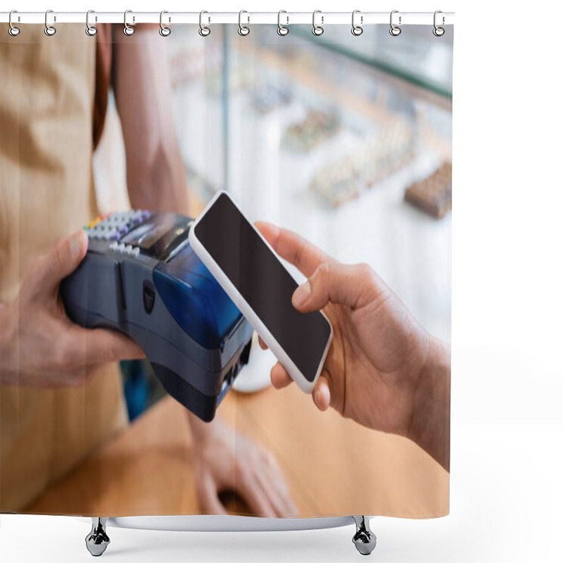 Personality  Cropped View Of African American Client Paying With Smartphone Near Seller In Sweet Shop  Shower Curtains