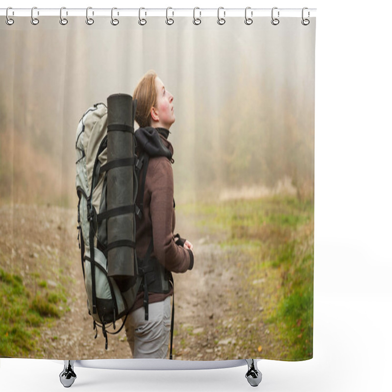 Personality  Young Woman With Big Backpack Looking At Sighpost While Trekking In Misty Mountains Of Beskydy. Wandering In Beskid Slaski Mountains. Nature Of Czechia. Mountains. Forest. Woman Hiking. Shower Curtains