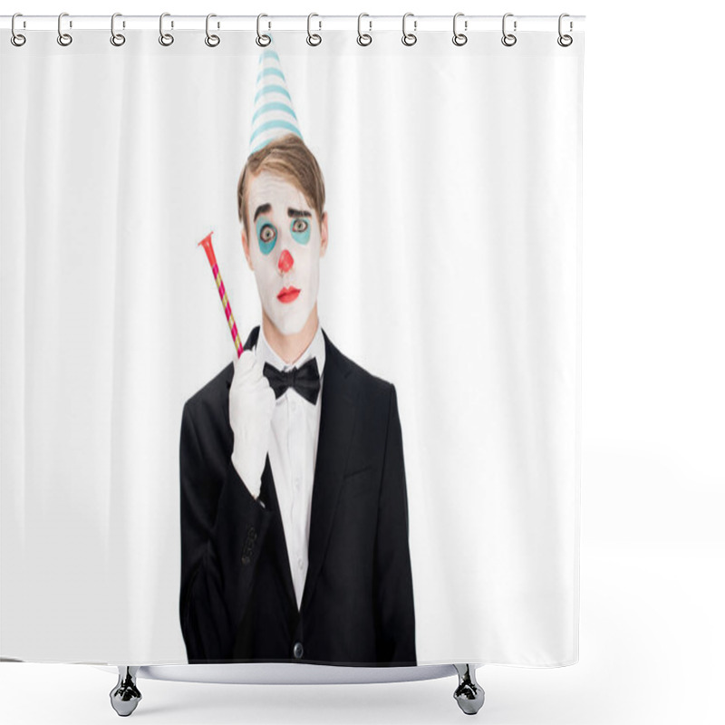 Personality  Clown In Suit And Birthday Cap Holding Blower Isolated On White  Shower Curtains