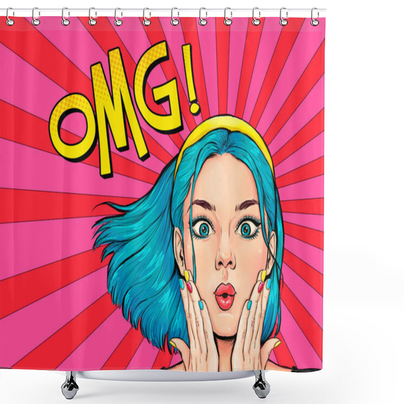 Personality  Surprised Young Sexy Woman  In Comic Style. Amazed Lady Saying OMG. Pop Art Girl With Shocked Face.   Shower Curtains