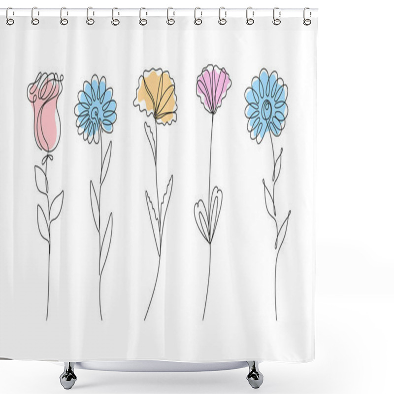 Personality  Beautiful Collection Of Field And Garden Flowers, Including Daisies, Roses, Cornflowers, And Asters, All Rendered In A Continuous Line Style. The Minimalistic Design Captures The Elegance And Beauty Shower Curtains